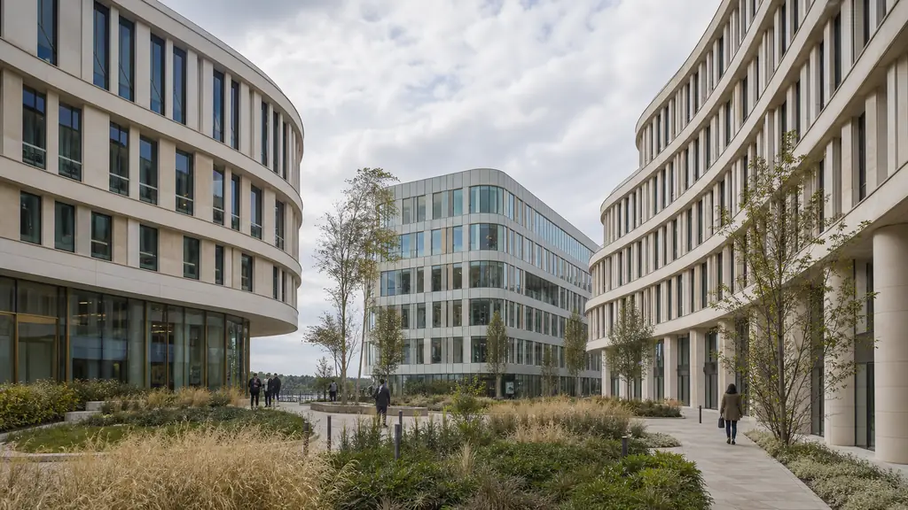 Contemporary Arcs de Seine office complex in Boulogne-Billancourt, showing three separate buildings arranged around a landscaped courtyard near the Seine, editorial architectural photography, no text, no logos