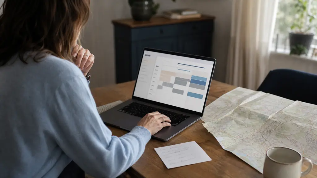 editorial photograph of a person checking funeral ceremony details on a laptop beside a handwritten appointment card and a map showing Chantonnay and nearby Vendée communes, no visible text or logos