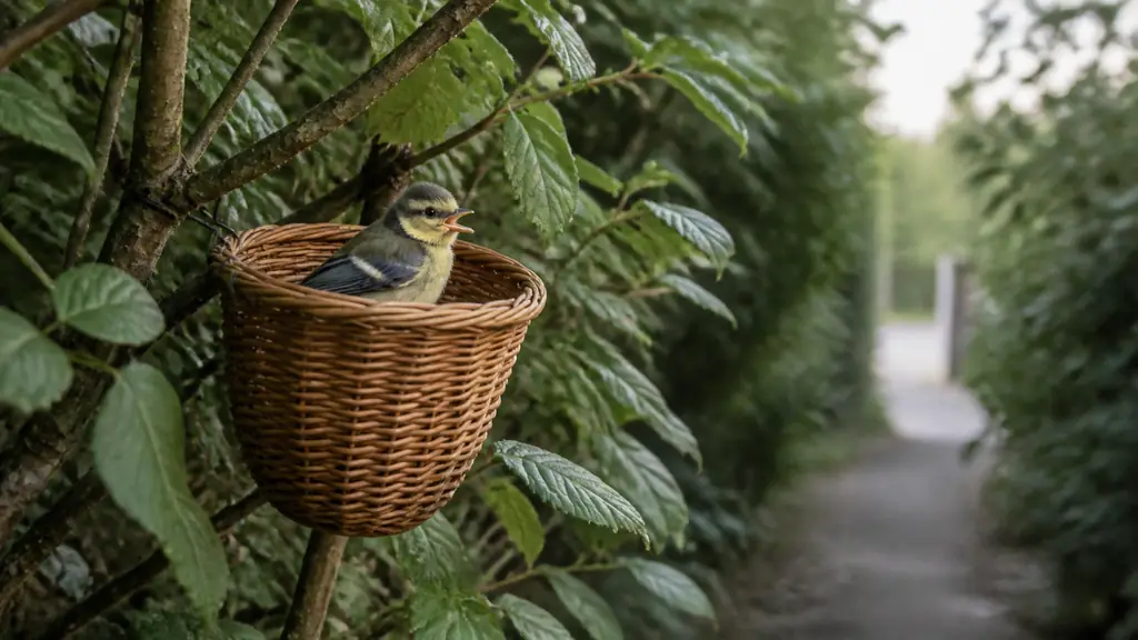 Editorial wildlife photograph of a fully feathered young tit calling from a small wicker basket securely fixed to a low branch inside a dense garden hedge, with a quiet path visible in the background, no text or logos