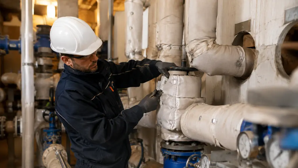 Maintenance technician fitting a removable insulated cover around a valve, with tightly joined pipe shells and visible wall penetrations in a cramped industrial boiler room, no text, no logo