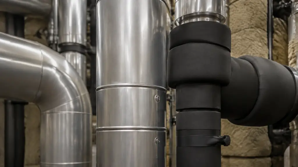 Close-up of mineral wool pipe shells with fitted aluminum cladding beside a cold pipe wrapped in black elastomeric foam, sealed joints visible, inside a clean industrial boiler room, no text, no logo