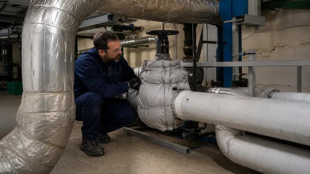 Editorial photograph of a maintenance technician inspecting an insulated steam pipe, a removable insulation mat fitted around a valve, and a vapor-sealed chilled-water pipe inside an industrial basement plant room, no text, no logo