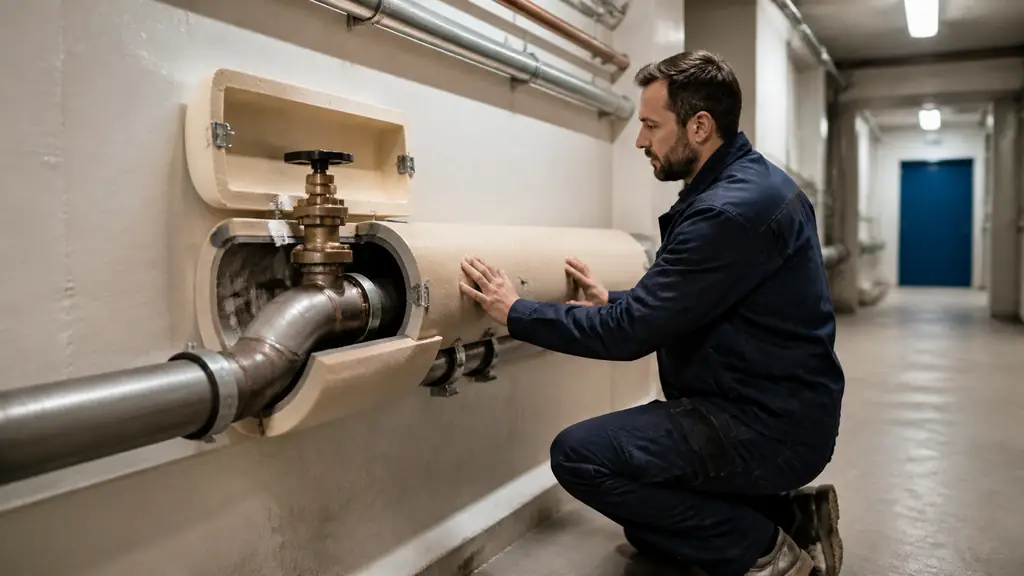 Editorial photograph of a technician fitting an insulated shell around a steel heating pipe in a basement corridor, with a nearby elbow and valve left accessible under a removable cover, no text, no logo