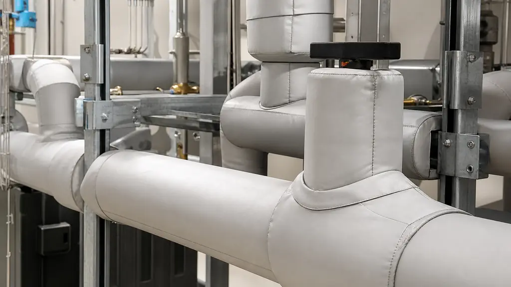 Close-up editorial photograph of insulated cold-water pipes in a technical room, showing carefully sealed insulating shell joints, a protected valve, and a dry metal support