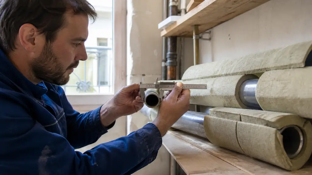 Editorial photograph of a technician measuring the outside diameter of a cleaned heating pipe with a caliper, beside precisely cut insulation shells with tightly butted joints, no text, no logo