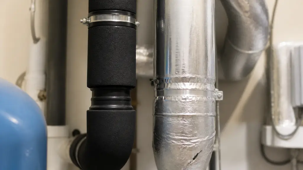 Close-up editorial photograph in a cramped plant room showing black elastomeric foam carefully sealed around a cold-water pipe beside a mineral wool shell with aluminium cladding on a hot pipe, no text, no logo