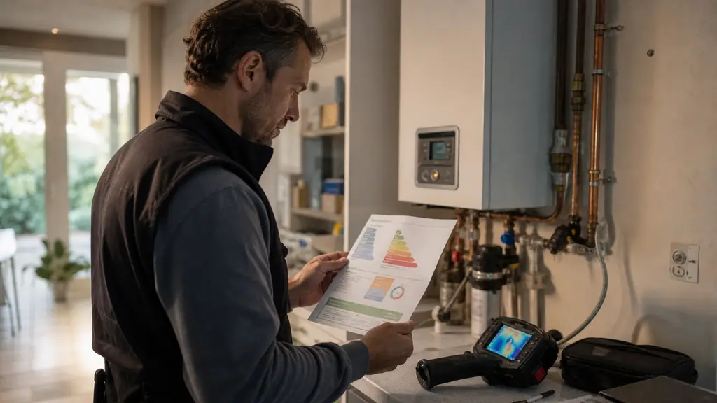 energy assessor reviewing a residential DPE report beside a heating boiler, with exposed hot-water pipes and an infrared camera visible, editorial photography, no text, no logo