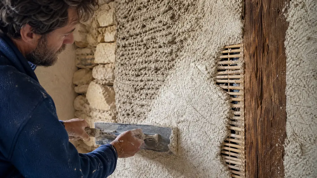 close-up editorial photograph of a craftsperson applying a thick lime-hemp thermal plaster onto an old stone interior wall, with a rough gobetis bonding coat and exposed wooden section covered by reed canes