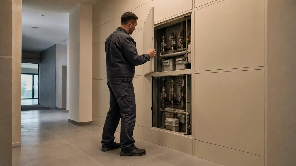 Editorial photograph of a technician opening one leaf of a multi-block technical shaft facade in a collective building corridor, revealing water pipes and gas meters behind the framed access panels, no text, no logo