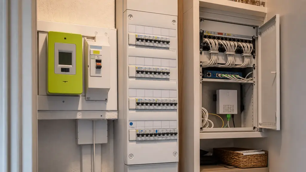 Editorial photograph of a residential technical cabinet with a Linky meter and main breaker on the control panel, a labeled distribution board, and a separate VDI cabinet containing RJ45 ports and an optical fiber termination device, no text, no logo