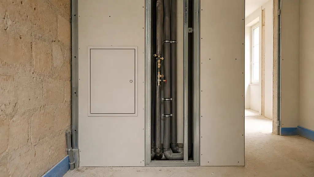 Editorial photograph of a technical shaft under construction with masonry on one side, plasterboard panels on a metal frame, and a removable inspection panel beside insulated pipes, no text, no logo
