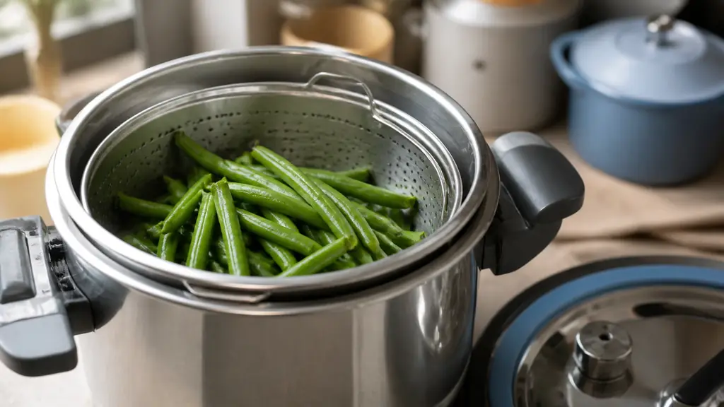 Close-up editorial food photograph of freshly trimmed green beans arranged loosely in a perforated steamer basket above a shallow layer of water inside an open pressure cooker, with the clean sealing ring and valve visible nearby, natural kitchen light, no text, no logo