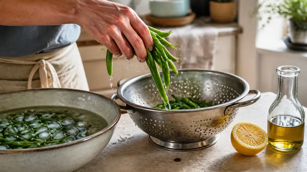 Editorial food photograph of bright green beans being lifted from an ice-water bowl into a metal colander, visible ice cubes and water droplets, a sliced lemon and small bottle of olive oil nearby, natural kitchen light, no text, no logo