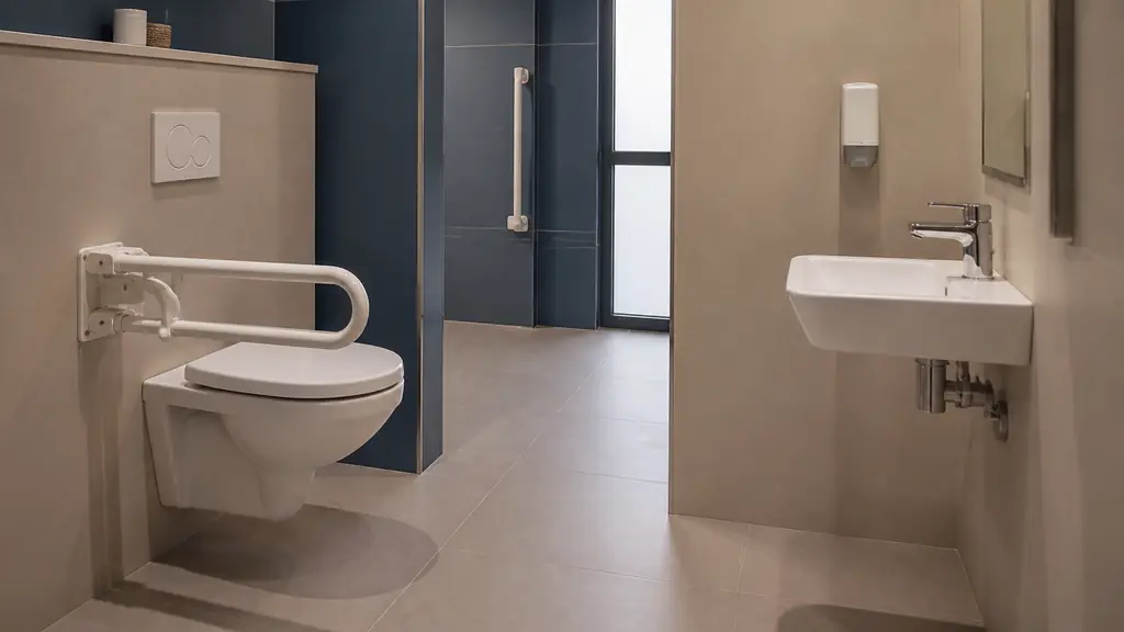 Editorial photograph of an accessible restroom showing a foldable grab bar beside the toilet, a low hand basin with lever tap, and a wall-mounted soap dispenser positioned away from the corner, no text, no logo