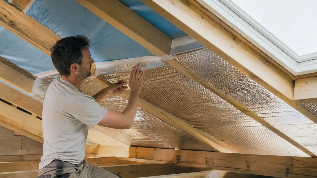 Installer fitting reflective honeycomb insulation between timber roof rafters, with an HPV under-roof membrane visible beneath the tiles and carefully taped airtight seams, editorial construction photography, no text, no logo