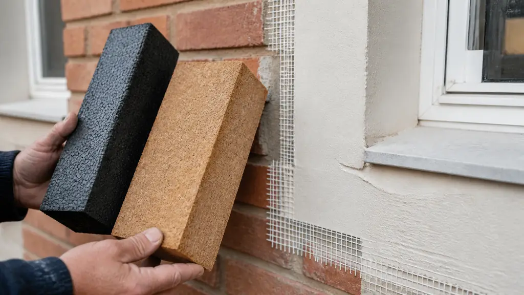 Editorial close-up photograph of graphite EPS and wood-fibre insulation samples held against a brick facade in Saint-Jory, beside a prepared window surround with reinforced mesh, no text, no logo