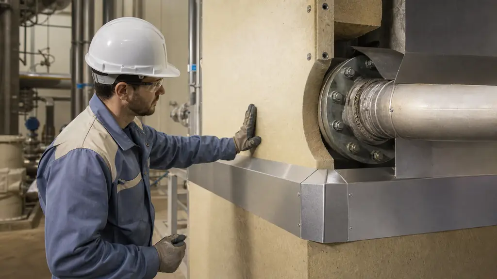 maintenance technician checking a rigid insulation board beside a hot industrial pipe, with an accessible flange and a moisture-protective metal finish
