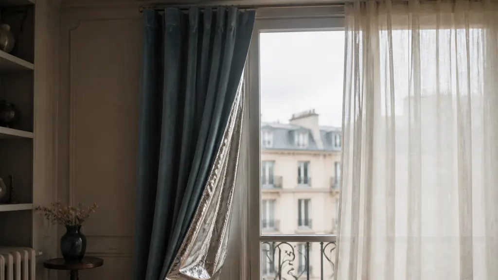 Editorial photograph of a heavy velvet thermal curtain partly opened beside a single-glazed window, showing a silver metallic lining and a lightweight sheer curtain on the same rod, no text, no logo