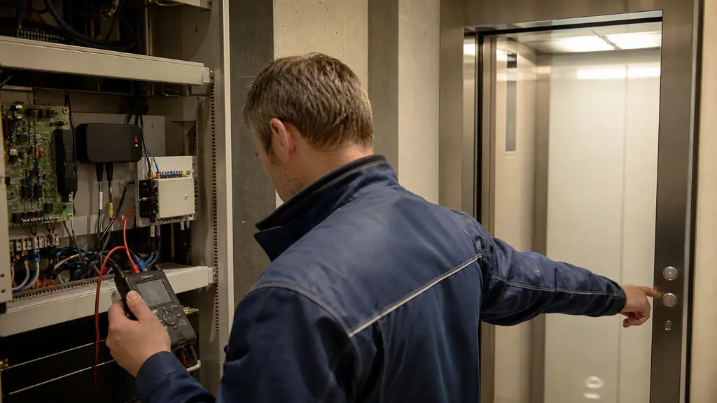 Elevator technician inspecting an open machinery cabinet containing a compact GSM alarm box and M2M SIM module while testing the emergency phone from the lift cabin, realistic editorial photography, no text, no logo