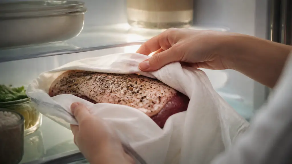 Seasoned duck breast with black pepper and dried herbs being wrapped in a clean white kitchen cloth on a refrigerator shelf, editorial food photography, no text, no logo