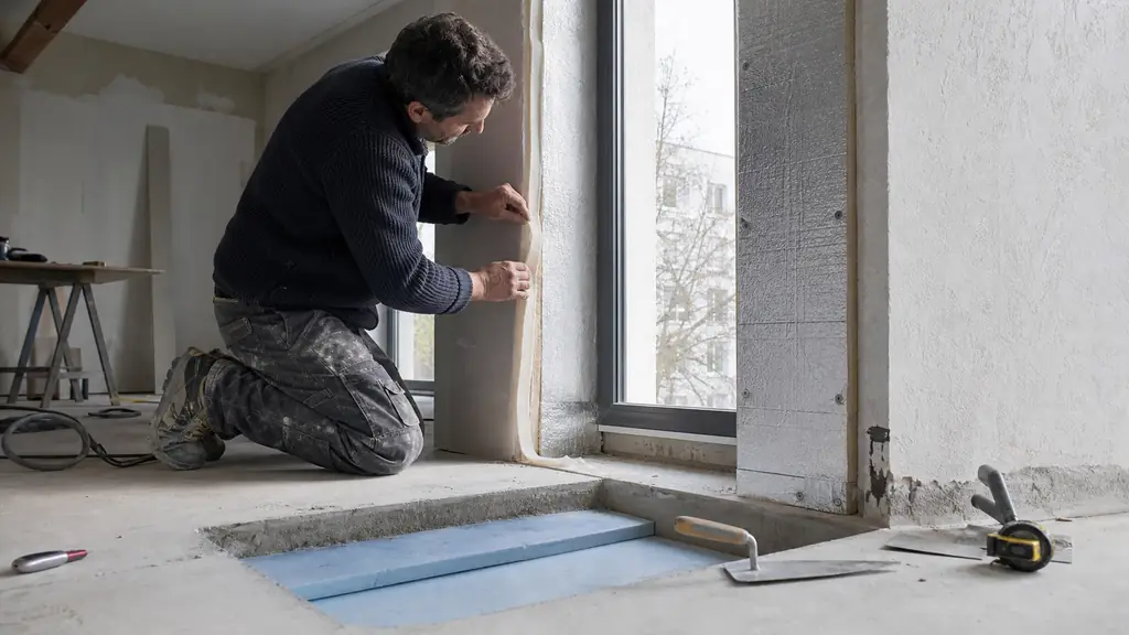 installer fitting a thin silica aerogel strip around a window reveal beside rigid PIR boards, with XPS panels visible under a floor screed, editorial photography, no text, no logo