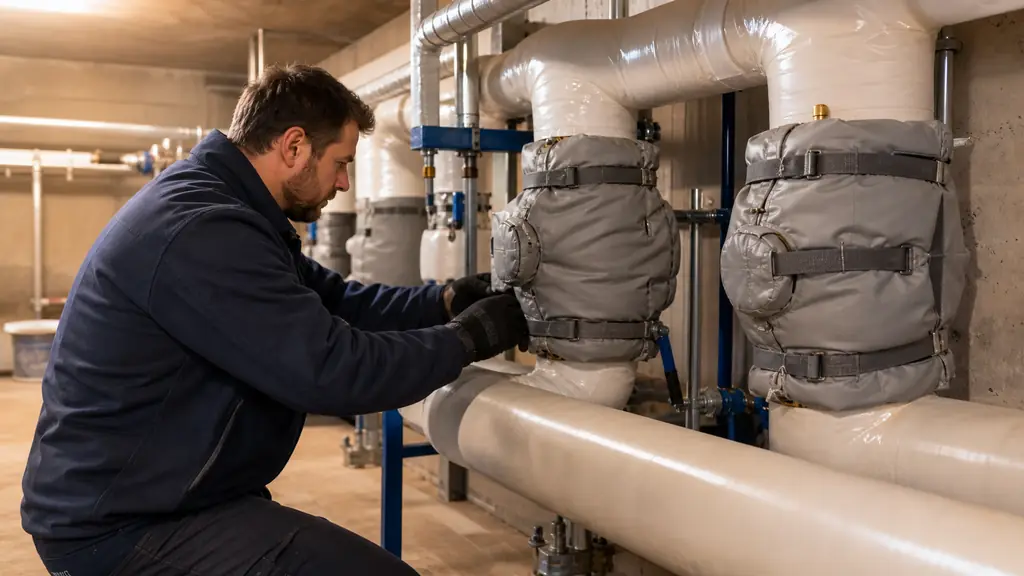 Maintenance technician inspecting insulated heating and chilled-water pipes in an apartment building basement, with removable valve covers and a visible vapor barrier at pipe elbows, editorial photography, no text, no logo