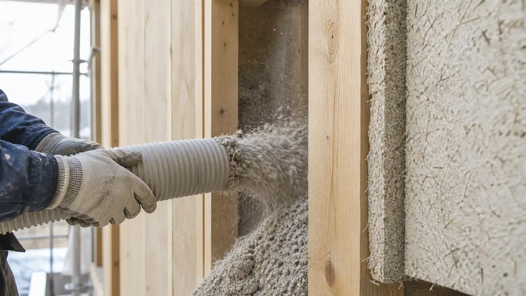 Close-up editorial photograph of recycled paper cellulose fibers being blown into a timber wall cavity beside a rigid cellulose and hemp insulation panel, installer wearing protective gloves, no text, no logo