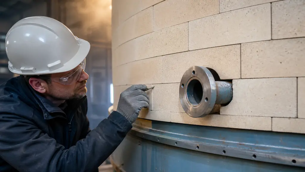 close-up of a technician checking the first layer of rigid refractory panels on a hot industrial vessel, with staggered joints, a precisely cut opening around a pipe branch and an uncovered metal casing ready for installation, realistic editorial photography, no text, no logo
