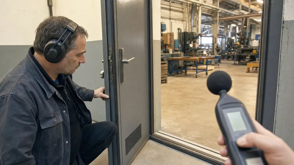 editorial photo of an industrial maintenance technician wearing hearing protection inspecting a heavy gray acoustic steel door with thick perimeter seals and threshold gasket, noisy factory workshop visible behind, handheld sound level meter in the foreground, realistic indoor lighting, no text, no logo