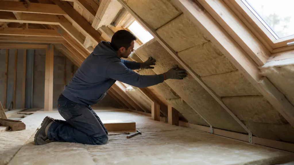 Editorial photograph inside a French house attic, a craftsperson fitting insulation between exposed timber roof rafters above an insulated attic floor, natural daylight, no text, no logo