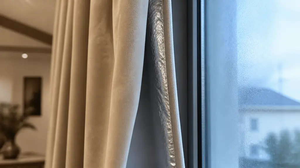 Close-up editorial photograph of a thick velvet thermal curtain with a metallic lining partially opened beside a cold window, clearly showing the air gap between the fabric and the glazing