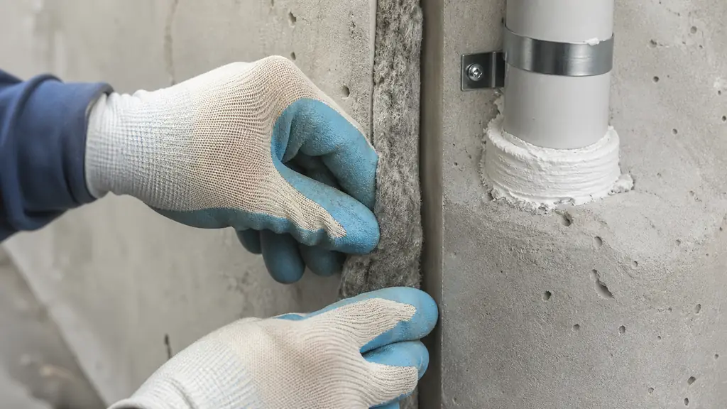 Close-up editorial photograph of an installer compressing a grey mineral-fibre firestop rope into a vertical joint between two concrete walls, with silicate adhesive and a connector sleeve visible beside the joint, no text or logo