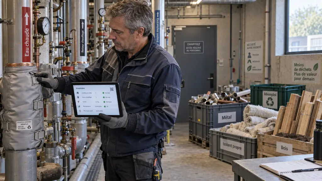 industrial maintenance manager inspecting a removable insulated valve on a hot-water pipe, lifecycle inventory open on a tablet, sorted construction materials nearby