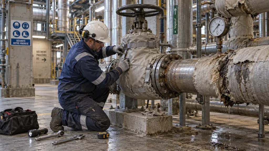 maintenance technician fitting a removable insulation jacket around a steam valve, exposed hot pipe sections and moisture-damaged insulation visible nearby