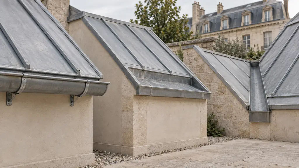 close-up editorial photograph of three full-scale zinc roofing mockups showing a hanging gutter under a sloped roof edge, a gutter resting on the lower roof slope, and a recessed channel between two roof sections, no text, no logo