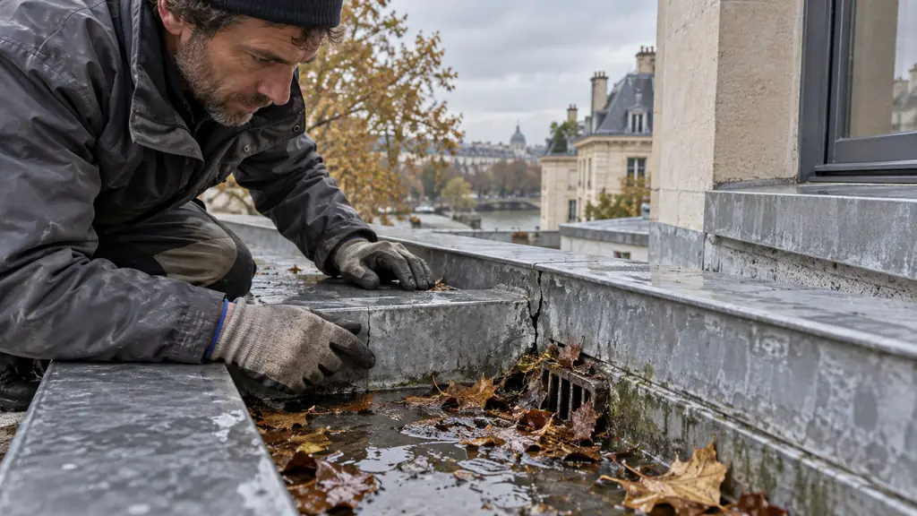 editorial photograph of a technician inspecting a recessed zinc roof channel containing wet leaves, checking a cracked joint beside a partially blocked outlet, no text, no logo
