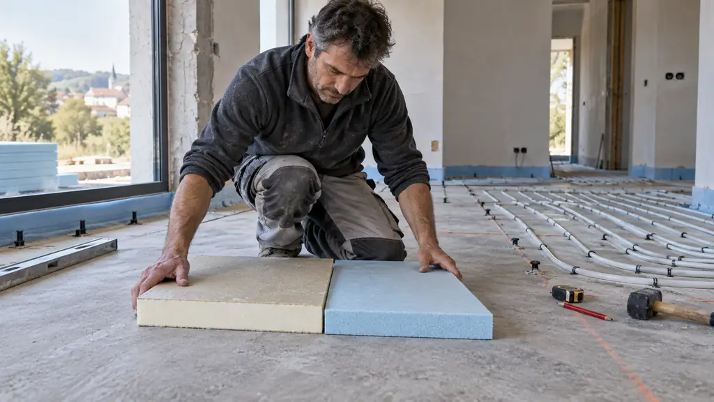 Editorial construction photograph of an installer comparing rigid polyurethane and extruded polystyrene floor panels beside underfloor heating pipes on a prepared concrete slab, no text, no logo