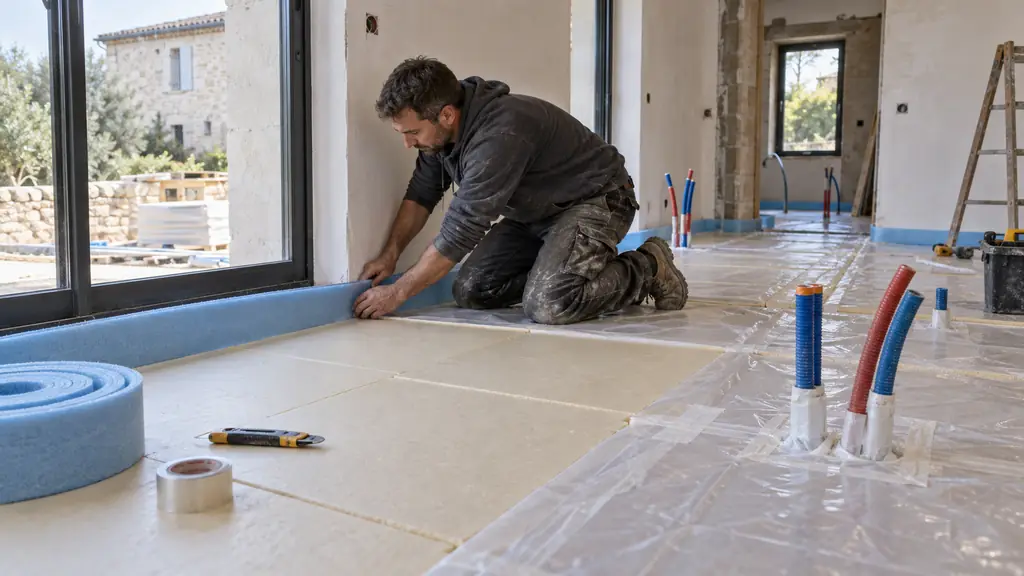 Editorial construction photograph of an installer checking tightly fitted rigid floor insulation panels, placing a perimeter strip along a wall and sealing protective membrane around floor pipes before screed pouring, no text, no logo