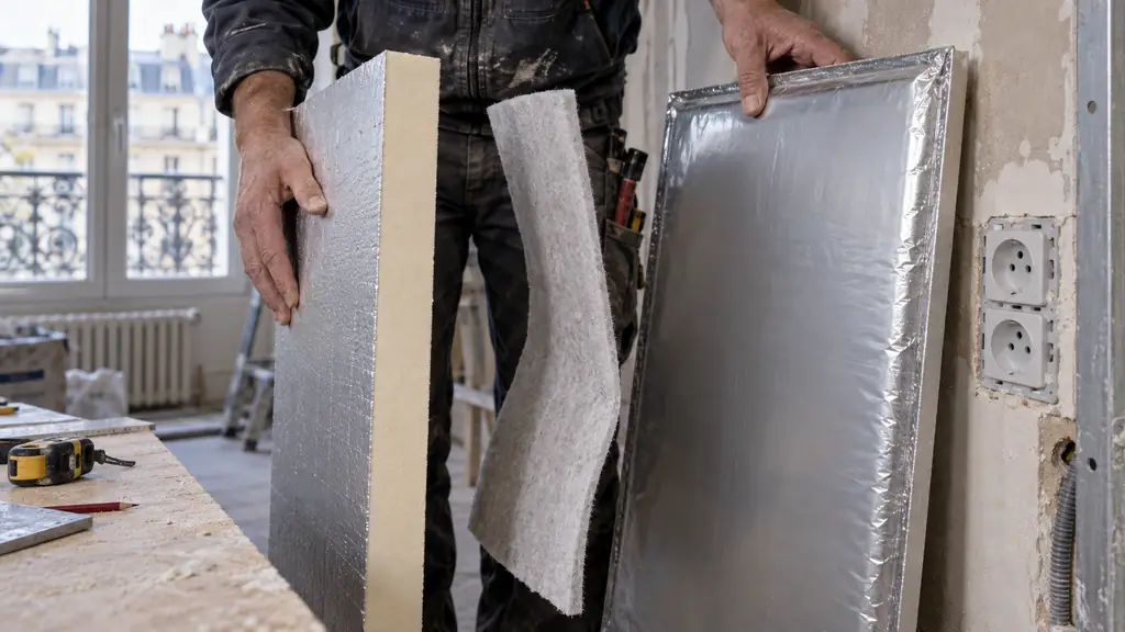 close-up editorial photograph of a technician comparing a rigid PIR board, a thin aerogel blanket and an uncut vacuum insulation panel against an interior wall with electrical outlets