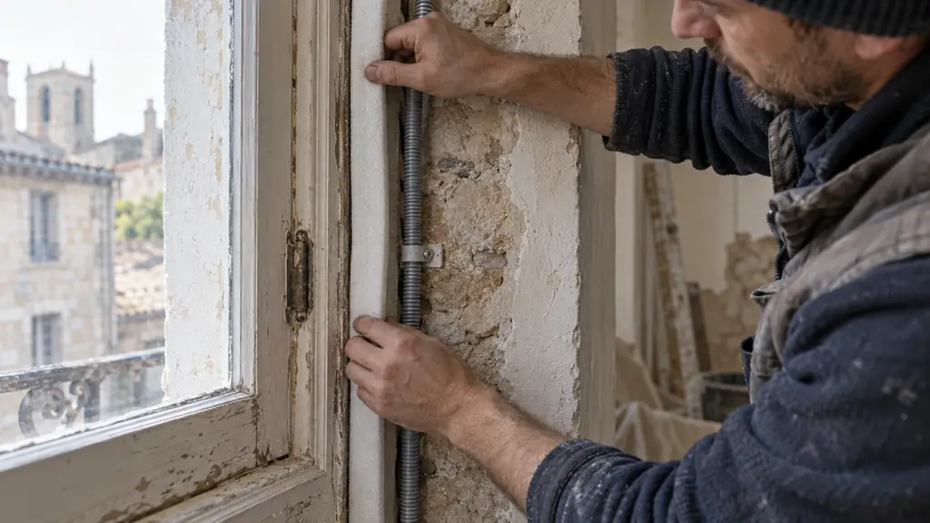 editorial photograph of a technician fitting a narrow aerogel strip into a window reveal beside a prepared electrical conduit and an exposed old wall lining, no text or logo