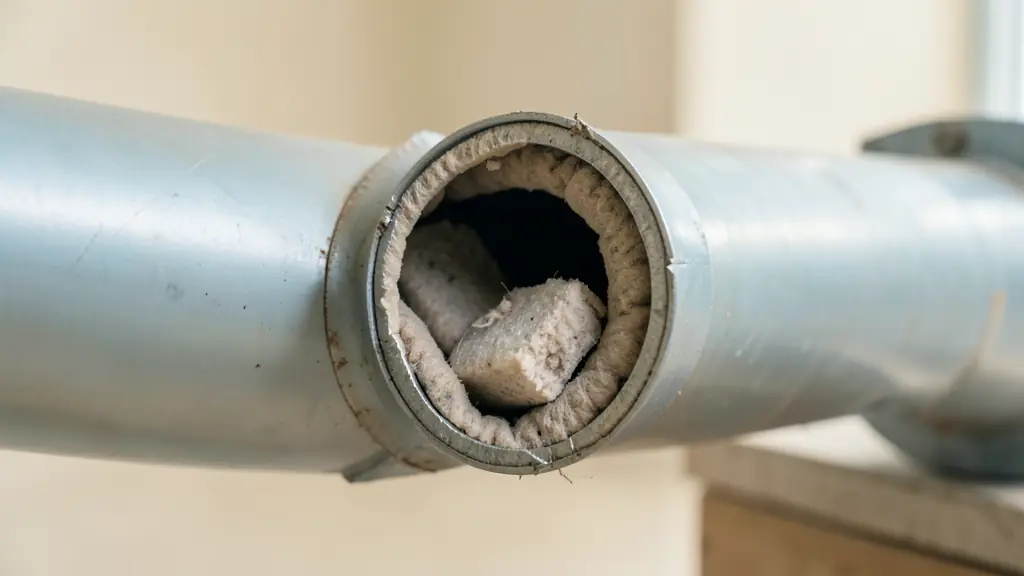 Editorial photograph of an industrial pipe with an open insulation joint, a crushed insulating sleeve and a damaged metal cladding, no text, no logo