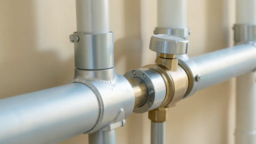 Editorial photograph of insulated heating pipes with sealed vapor barrier joints, removable valve covers and protective metal cladding, no text, no logo