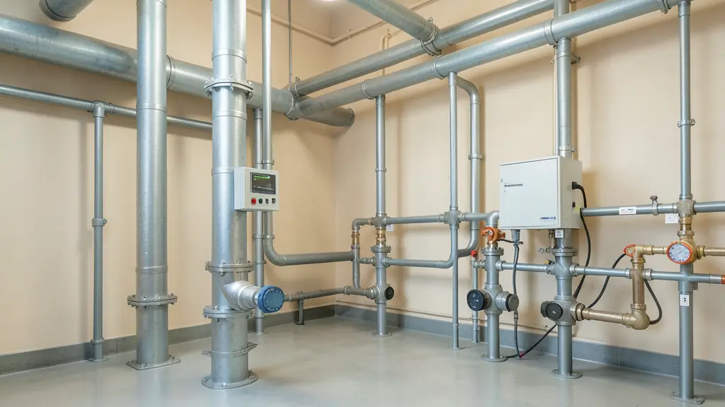 Industrial heating room with exposed hot-water pipes, infrared surface temperature inspection, tagged valves and pipe supports