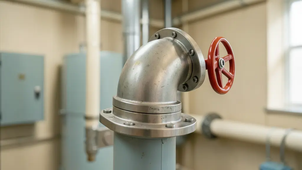 Insulated heating pipe elbow with removable valve jacket, metal cladding around a flange, accessible handwheel in an industrial plant room