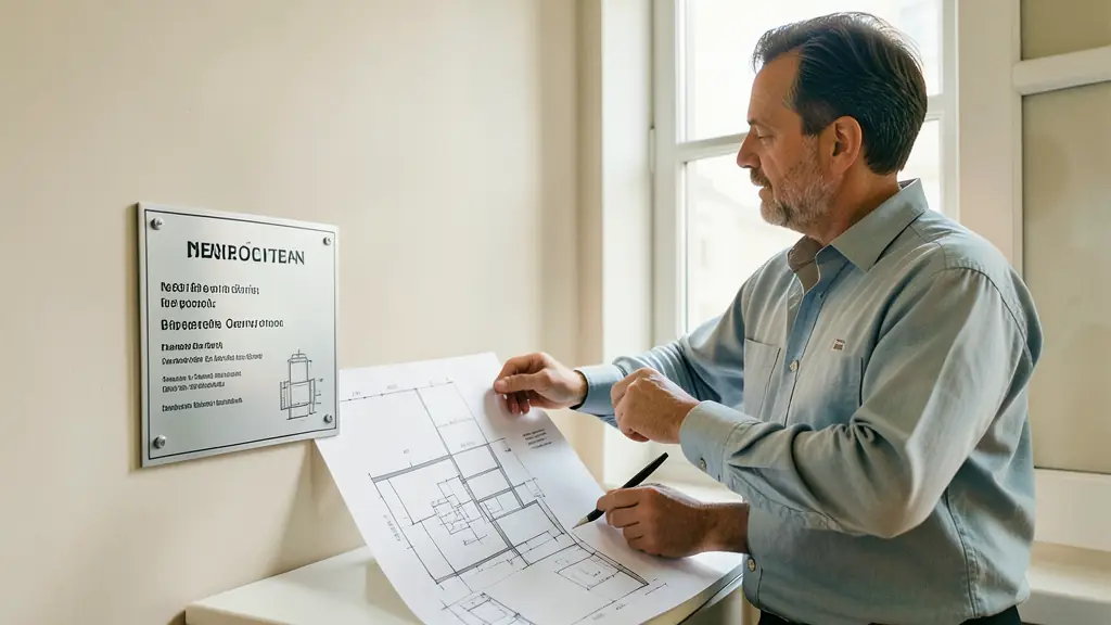 Editorial photograph of a technician reviewing building plans beside a boiler identification plate and a window frame, no text, no logo