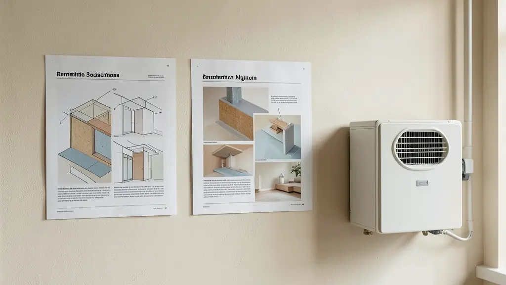 Editorial photograph of three renovation scenario sheets beside wall insulation samples and a ventilation unit, no text, no logo