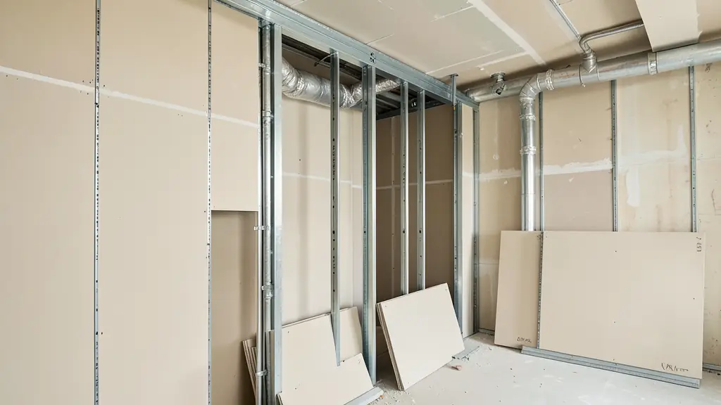 Technical drywall shaft under construction, fire-resistant plasterboards stacked nearby, galvanized steel studs surrounding insulated pipes, editorial industrial photography