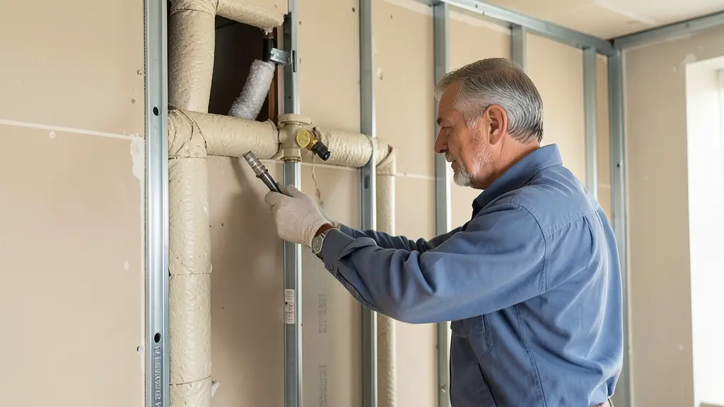 Installer checking insulated heating pipes before closing a drywall shaft, independent metal framing, accessible valve and intact pipe insulation, editorial construction photography