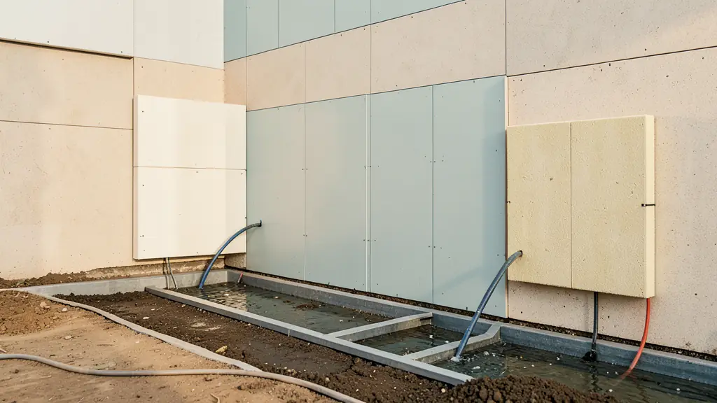 <Professional construction site showing bio-based insulation panels being installed on a wall and a rain water recovery system integrated into the ground, editorial style, high detail>