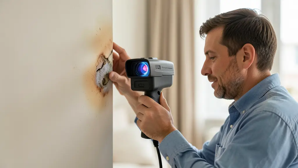 <Close-up of a certified technician showing a thermal camera diagnostic to a homeowner, focusing on a wall heat leak, professional setting, editorial style>